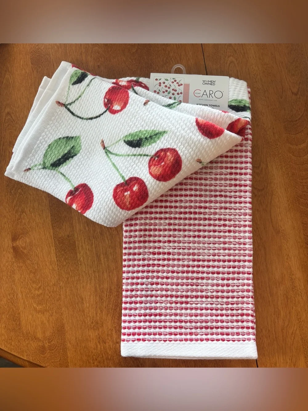 Caro Cherry Print Kitchen Hand Towels - Set of 2, White & Red